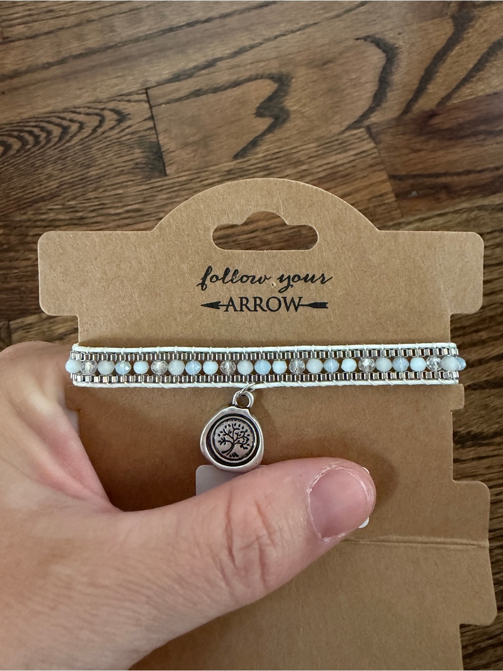 White Beaded Wrap Bracelet with Silver Tree Charm